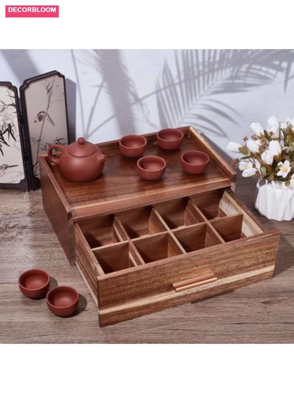 Acacia Wood Tea Storage Box with Drawer - Countertop Tea Bag Organizer Caddy - Picture 1 of 4